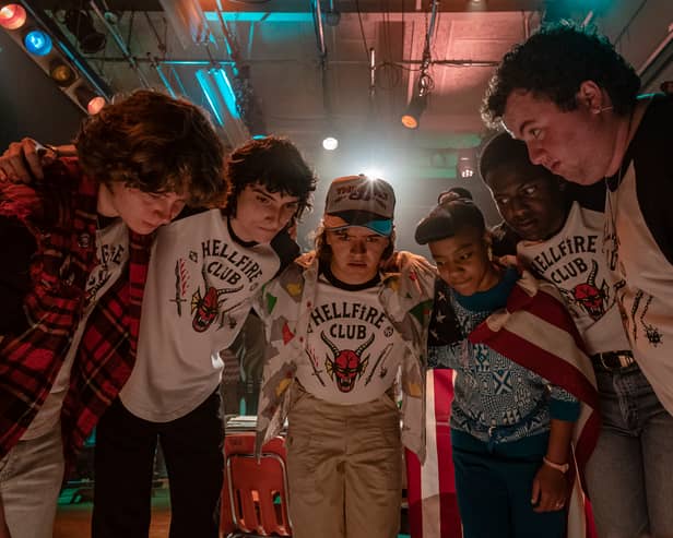(L to R) Finn Wolfhard as Mike Wheeler, Gaten Matarazzo as Dustin Hendrson and Priah Ferguson as Erica Sinclair in Stranger Things (Pic: Tina Rowden/Netflix): 