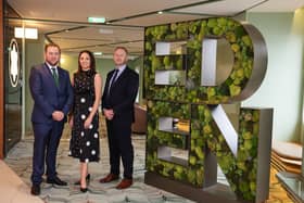 Group Managing Directors Conleth McConville and Naoimh McConville are pictured with Gary Annett, CEO MJM Marine at the announcement of $150m order book and 100 new jobs for the Newry based company.
