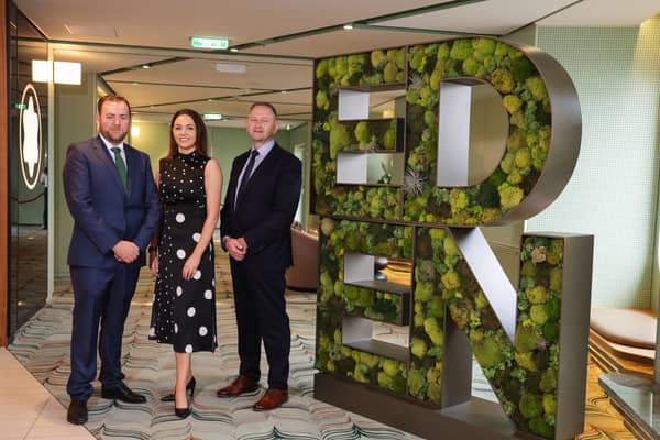 Group Managing Directors Conleth McConville and Naoimh McConville are pictured with Gary Annett, CEO MJM Marine at the announcement of $150m order book and 100 new jobs for the Newry based company.