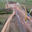 An aerial view of the groundworks construction of the HS2 high speed rail network progresses around the A38 dual-carriageway near Streethay on January 27, 2023 in Lichfield (Photo by Christopher Furlong/Getty Images)