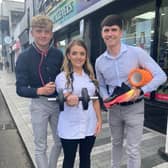 Danny Shields and Aaron Bradley from Newry BID pictured with Sheila Meagher from McKeevers Chemist at the launch of Health in the City Month.