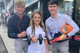 Danny Shields and Aaron Bradley from Newry BID pictured with Sheila Meagher from McKeevers Chemist at the launch of Health in the City Month.