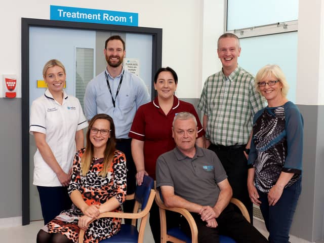 The Southern Health and Social Care Trust’s new ambulatory and virtual stroke team who are supporting patients with mimic or minor stroke related symptoms. Hannah Hazelton, Interim Head of Service Non-Acute Hospitals and Community Stroke, Tanya Parr, Specialist Physiotherapist, James Gilpin, Stroke Service Improvement Lead, Mark Hawthorne, Stroke Consultant, Mary-Ellen Donnelly, Specialist Nurse, Joanne McKee, Community Stroke Lead and  Ronan Ruddy, Clerical Officer.