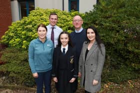 Our Lady's GS celebrates Clare Keeley who is the only Northern Ireland finalist in the Junior Eurovision Competition. l-r Niamh Murray Head of Year, Thomas Hackett Vice Principal, Clare Keeley, Paul Breen form teacher and Fiona Flynn her music tutor. Make sure you tune in and Vote cor Clare. INNR4111