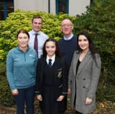 Our Lady's GS celebrates Clare Keeley who is the only Northern Ireland finalist in the Junior Eurovision Competition. l-r Niamh Murray Head of Year, Thomas Hackett Vice Principal, Clare Keeley, Paul Breen form teacher and Fiona Flynn her music tutor. Make sure you tune in and Vote cor Clare. INNR4111