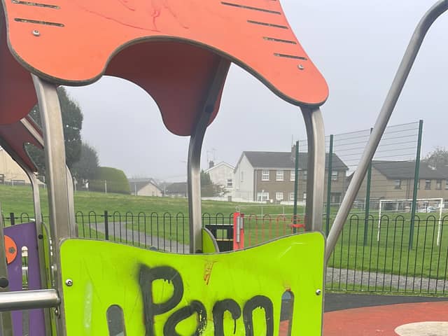 Some of the graffiti left at Ringmackilroy Play Park, Warrenpoint.