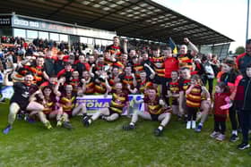 Cullyhanna Players celebrate after they won the Intermediate Football Championship final against St Paul's on Sunday afternoon.