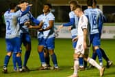 Warrenpoint players celebrate Jeff Nwodo's second half goal against Rathfriland Rangers at Milltown Pictures: Brendan Monaghan RS2344400