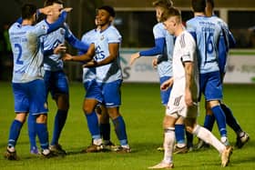 Warrenpoint players celebrate Jeff Nwodo's second half goal against Rathfriland Rangers at Milltown Pictures: Brendan Monaghan RS2344400