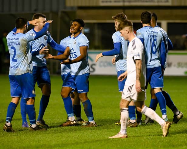 Warrenpoint players celebrate Jeff Nwodo's second half goal against Rathfriland Rangers at Milltown Pictures: Brendan Monaghan RS2344400