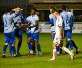 Warrenpoint players celebrate Jeff Nwodo's second half goal against Rathfriland Rangers at Milltown Pictures: Brendan Monaghan RS2344400