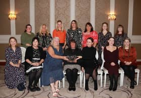 Newry, Mourne and Down Council Chairperson, Councillor Valerie Harte with Eileen Murphy, CEO, board members and the team from Women's Aid Armagh Down at a civic reception for its 40th anniversary in the Canal Court Hotel & Spa.