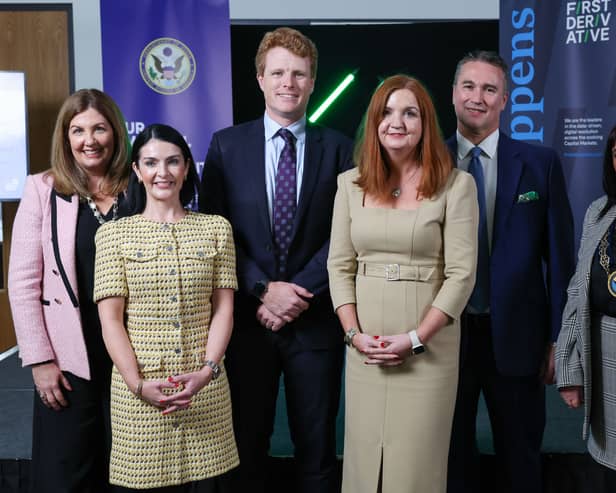 Pictured (L-R) during a visit to First Derivative in Newry are Julie Gibbons, President of Newry Chamber of Commerce and Trade, Victoria Shanks, Executive Director at First Derivative, Joseph P. Kennedy III, U.S. Special Envoy to Northern Ireland for Economic Affairs, Jayne Brady, Head of the Northern Ireland Civil Service, David Collins, CEO First Derivative and Newry, Mourne and Down District Council, Chairperson Councillor Valerie Harte. 
