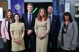 Pictured (L-R) during a visit to First Derivative in Newry are Julie Gibbons, President of Newry Chamber of Commerce and Trade, Victoria Shanks, Executive Director at First Derivative, Joseph P. Kennedy III, U.S. Special Envoy to Northern Ireland for Economic Affairs, Jayne Brady, Head of the Northern Ireland Civil Service, David Collins, CEO First Derivative and Newry, Mourne and Down District Council, Chairperson Councillor Valerie Harte. 