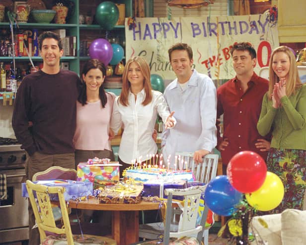 Cast of Friends pictured (L to R): David Schwimmer as Ross Geller, Courteney Cox as Monica Geller, Jennifer Aniston as Rachel Green, Matthew Perry as Chandler Bing, Matt LeBlanc as Joey Tribbiani and Lisa Kudrow as Phoebe Buffay.