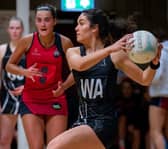 Frances Keenan (right) from Cullyhanna on the ball as Belfast Ladies beat Kingsway on her seasonal debut. Pic: Netball NI