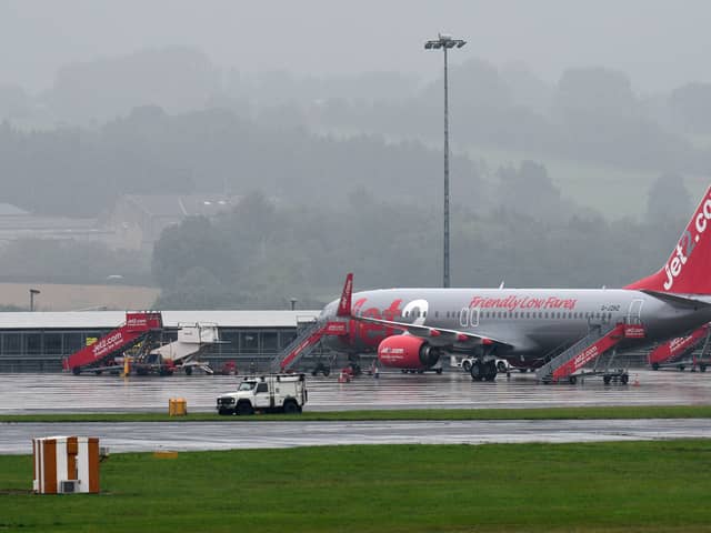 Jet2 passenger jets parked up on the runway at Leeds Bradford Airport.