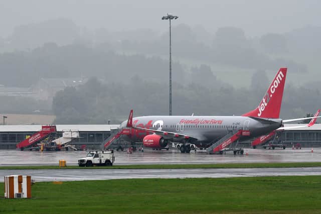 Jet2 passenger jets parked up on the runway at Leeds Bradford Airport.