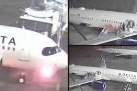 Plane's nose catches fire and passengers evacuate on slide.