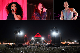 [Top L-R] SZA, Dua Lipa and Coldplay's Chris Martin will be headlining the Pyramid Stage (below) at this year's Glastonbury Festival 2024' but who is playing at what time and who is the secret act on Woodsies Stage on Saturday? (Credit: Getty Images)