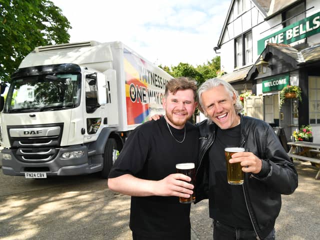 Statman Dave and Jimmy Bullard promote free pints at Greene King pubs to mark the start of Euro 2024 Picture: Greene King 