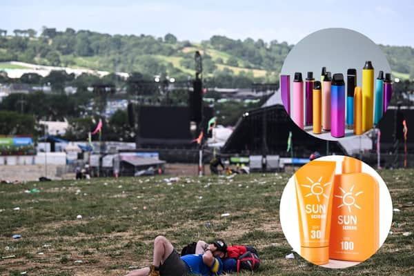 Do bring sunscreen and weather-appropriate clothing but forget about bringing your disposable vapes. What is fine to bring to Glastonbury Festival 2024 and what should you leave at home? (Credit: Getty Images/Canva)