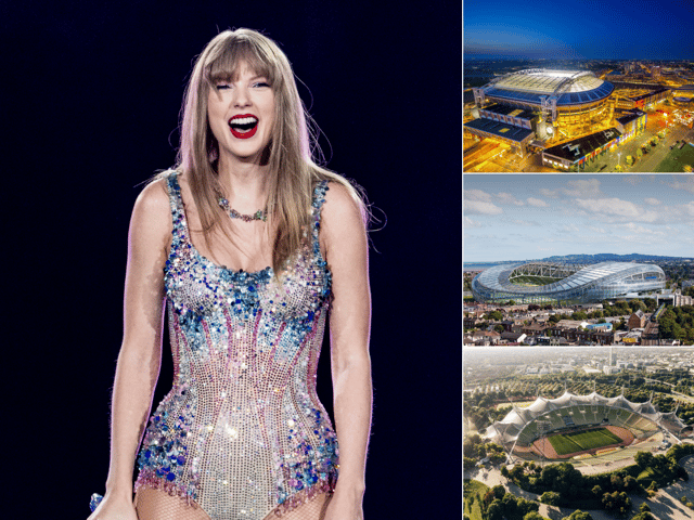 It could be cheaper to see Taylor Swift (left) in locations such as Amsterdam (top right), Dublin (middle right) but not so much for Munich (bottom right) (Credit: Getty Images)
