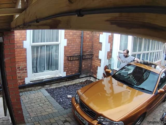 Man narrowly avoids catastrophe after forgetting handbrake.
