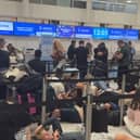 Long queues at an airport.