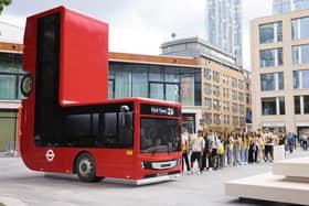 A folded London bus is unveiled at Bishops Square to celebrate the launch of Samsung's Galaxy Z series.