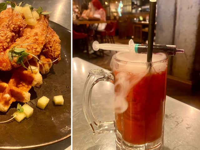 The Alchemist's Chicken & Waffles and Red Dead Zombie cocktail from its ICONS brunch (Photo: Holly Allton)