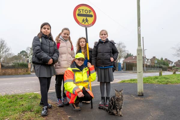 From the left - Elena Michalczuk, 11, Grace Pratt, 10, Cordelia Donald, 9, Amy Brooks, 11, with Klara Remmington and Bandit the cat.