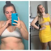 Brianna Alexander before, left, she used Simple weightloss app and after, right in yellow dress