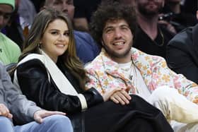 Actress and singer Selena Gomez with music producer Benny Blanco at an Los Angeles Lakers NBA basketball game in January 2024 