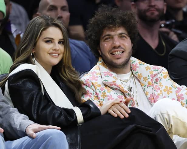 Actress and singer Selena Gomez with music producer Benny Blanco at an Los Angeles Lakers NBA basketball game in January 2024 