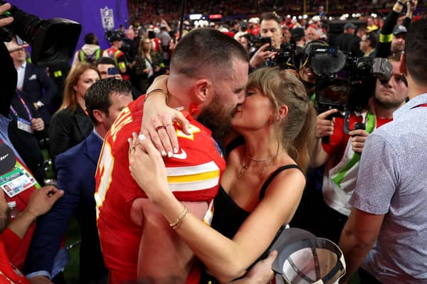 Will Travis Kelce propose to Taylor Swift during Superbowl Halftime? : Travis Kelce #87 of the Kansas City Chiefs and Taylor Swift embrace after defeating the San Francisco 49ers in overtime during Super Bowl LVIII at Allegiant Stadium on February 11, 2024 in Las Vegas, Nevada. Photo: Ezra Shaw/Getty Images