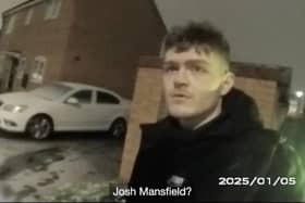 South Yorkshire Police arrest car thief Josh Mansfield after tracking his footsteps through the snow to a garden in  Doncaster, South Yorks. 