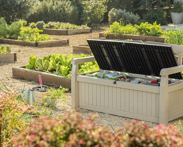 The Keter Eden storage bench can  hold 265 litres of garden goods