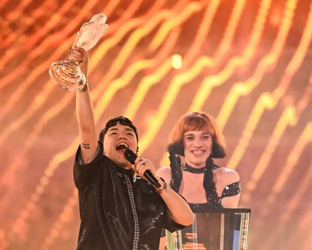 Austrian singer Johannes Pietsch, known as JJ representing Austria with the song "Wasted Love" celebrates with the 2025 Eurovision Song Contest trophy after winning the grand final at the St. Jakobshalle arena in Basel on May 18, 2025.