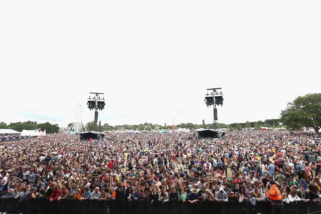 View of the crowd during Day 3 at The Isle of Wight Festival at Seaclose Park on June 15, 2014 in Newport, Isle of Wight.