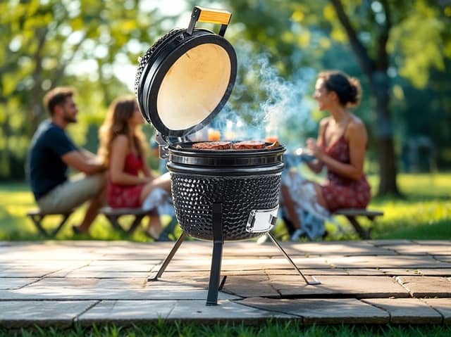 The Kamado-style ceramic BBQ in action – perfect for slow-smoked feasts and summer gatherings.