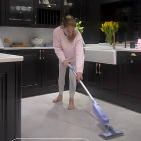 Stacey Solomon using the Shark VacMop 2-in-1 Cordless Hard Floor Vacuum Spray Mop. Photo by Instagram/Stacey Solomon.