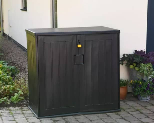 The garden storage range includes a compact cushion box and a larger 775-litre shed with lockable doors and a lifting lid
