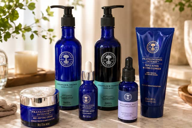 Neal’s Yard Remedies Frankincense Intense Age-Defying Cream, Age-Defying Serum and Triple Action Melting Cleanser, alongside the Hyaluronic Acid Hydrating Booster and Geranium & Orange Hand Wash and Hand Lotion.