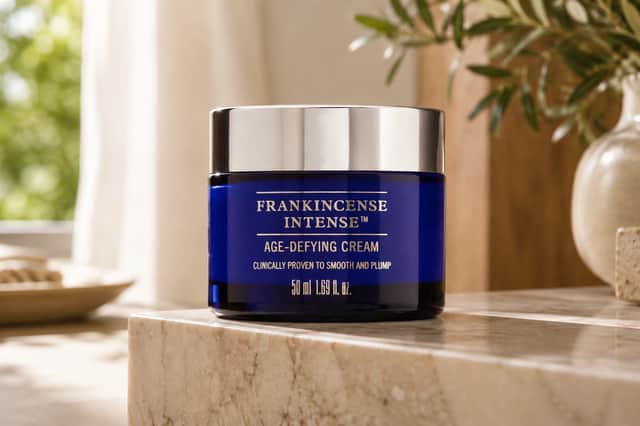 Neal’s Yard Remedies Frankincense Intense Age-Defying Cream combines the brand’s signature blue glass packaging with a rich formula designed to smooth and plump mature skin.