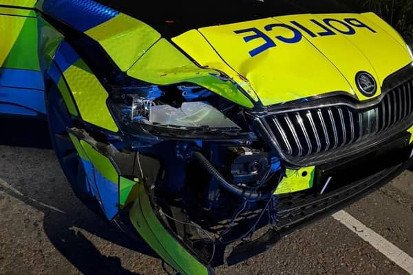 Damage which was caused to the police car. Pic: Police Newry Mourne and Down/Facebook