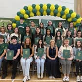 A Level Class of 2024 pictured with Principal Mrs Millar, Vice Principals Mr Murray and Mrs Carleton and Head of Sixth Form, Mrs McMahon.
