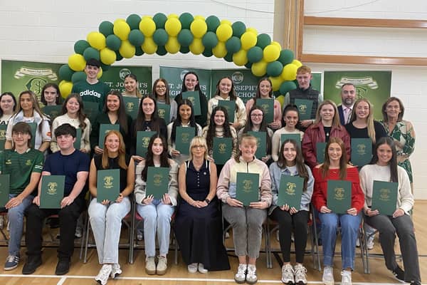 A Level Class of 2024 pictured with Principal Mrs Millar, Vice Principals Mr Murray and Mrs Carleton and Head of Sixth Form, Mrs McMahon.