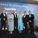 The team from SuperValu Downey’s Dublin Road, from second left manager Kevin Dunne, Joanne Quinn, Martin Connelly, Emma Downey and Oisin Goodwin, pick up the SuperValu Excellence in Social Media Award. They are joined by Musgrave NI Director of Marketing Desi Derby (left) and host Pete Snodden (right).