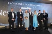 The team from SuperValu Downey’s Dublin Road, from second left manager Kevin Dunne, Joanne Quinn, Martin Connelly, Emma Downey and Oisin Goodwin, pick up the SuperValu Excellence in Social Media Award. They are joined by Musgrave NI Director of Marketing Desi Derby (left) and host Pete Snodden (right).
